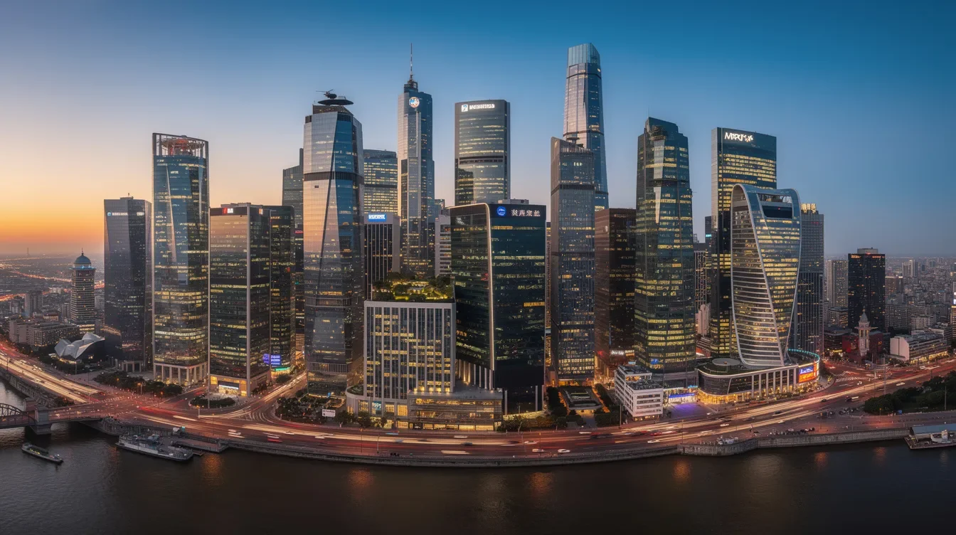 The image depicts a vibrant global financial district skyline featuring sleek modern office buildings, symbolizing the dynamic forex brokerage business and international financial services. The towering structures represent the regulatory framework and corporate presence essential for operating in the foreign exchange market.