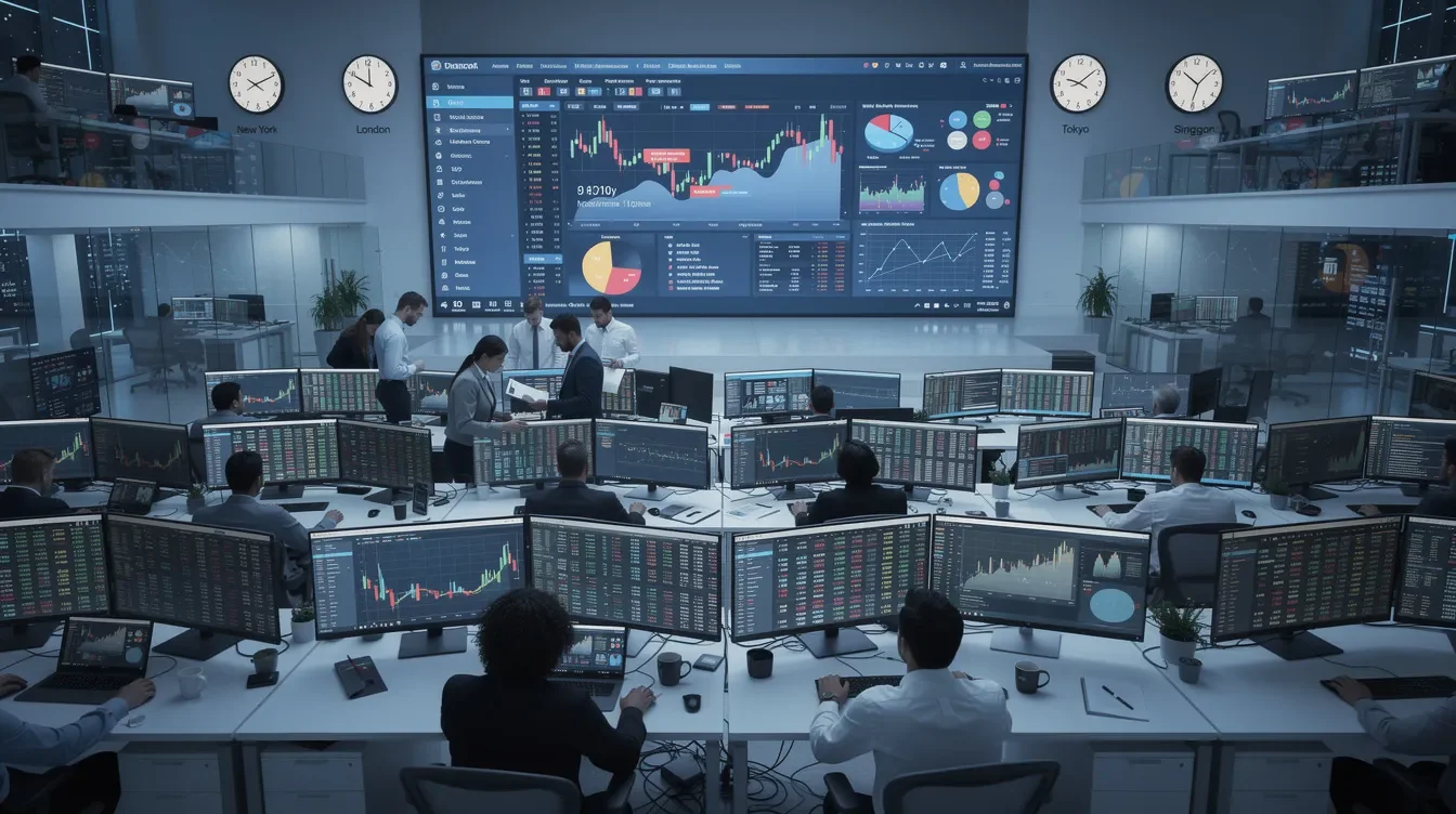 The image depicts a modern financial operations center featuring multiple monitor screens that showcase real-time market data, trading charts, and analytics from various global trading venues. This high-tech environment emphasizes the importance of smart order routing systems for optimizing trading strategies and achieving best execution across fragmented markets.